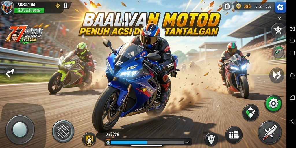 Tangkapan layar menunjukkan aksi balapan motor yang intens di 77WIN.