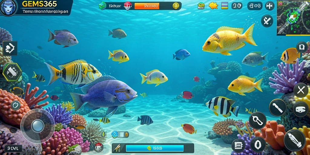Tampilan gameplay seru di GEMS365 saat menangkap ikan.