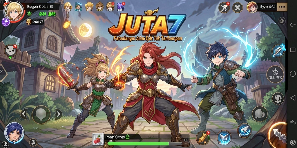 Tampilan gameplay JUTA7 yang menampilkan pertarungan karakter Anime.