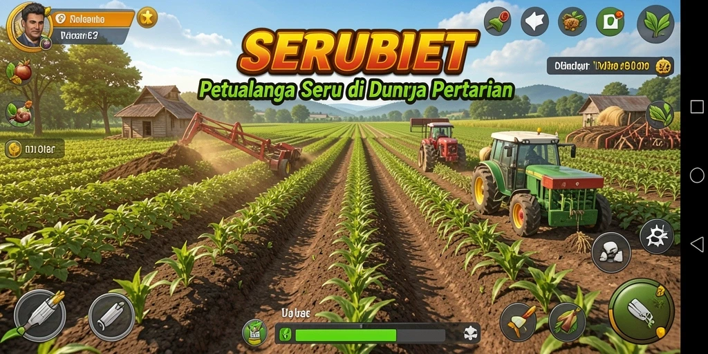 Screenshot menunjukkan gameplay SERUBET dengan aktivitas bertani yang seru.